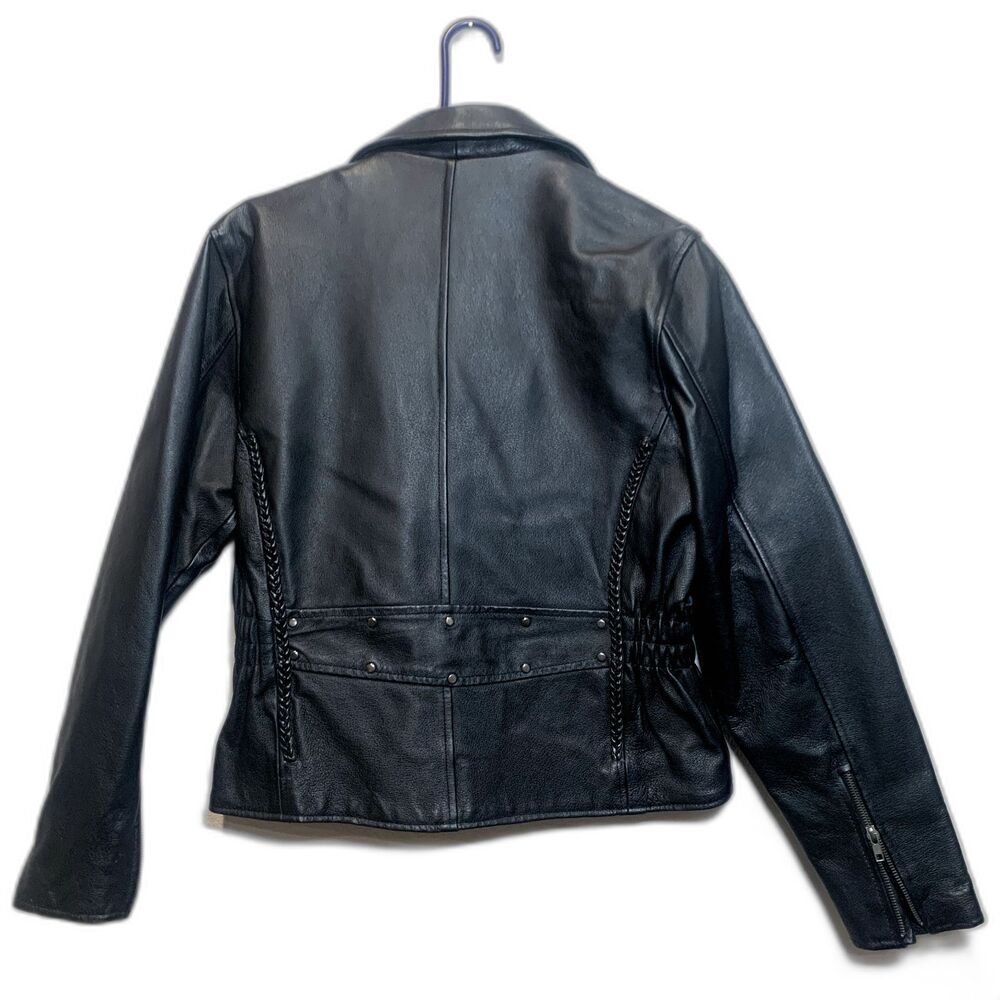 Black Genuine Leather Asymmetrical Zip Moto Jacket Braided Detail Womens Large - Picture 2 of 13